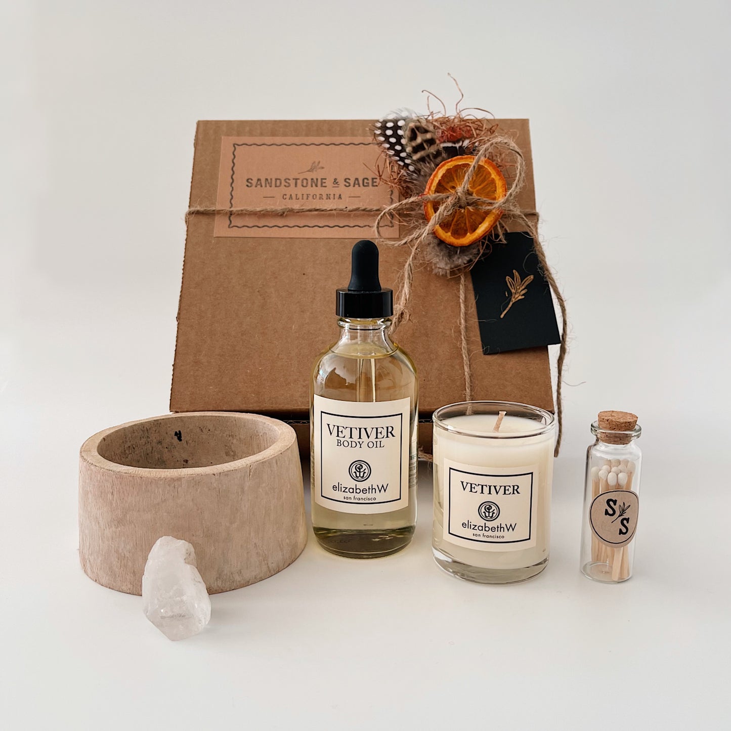 
                  
                    Vetiver body oil scented candle with match sticks and crystal gift box
                  
                