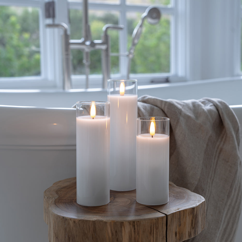 
                  
                    White Pillar Flameless LED Glass Candle Set of 3 - With Remote and Timer
                  
                