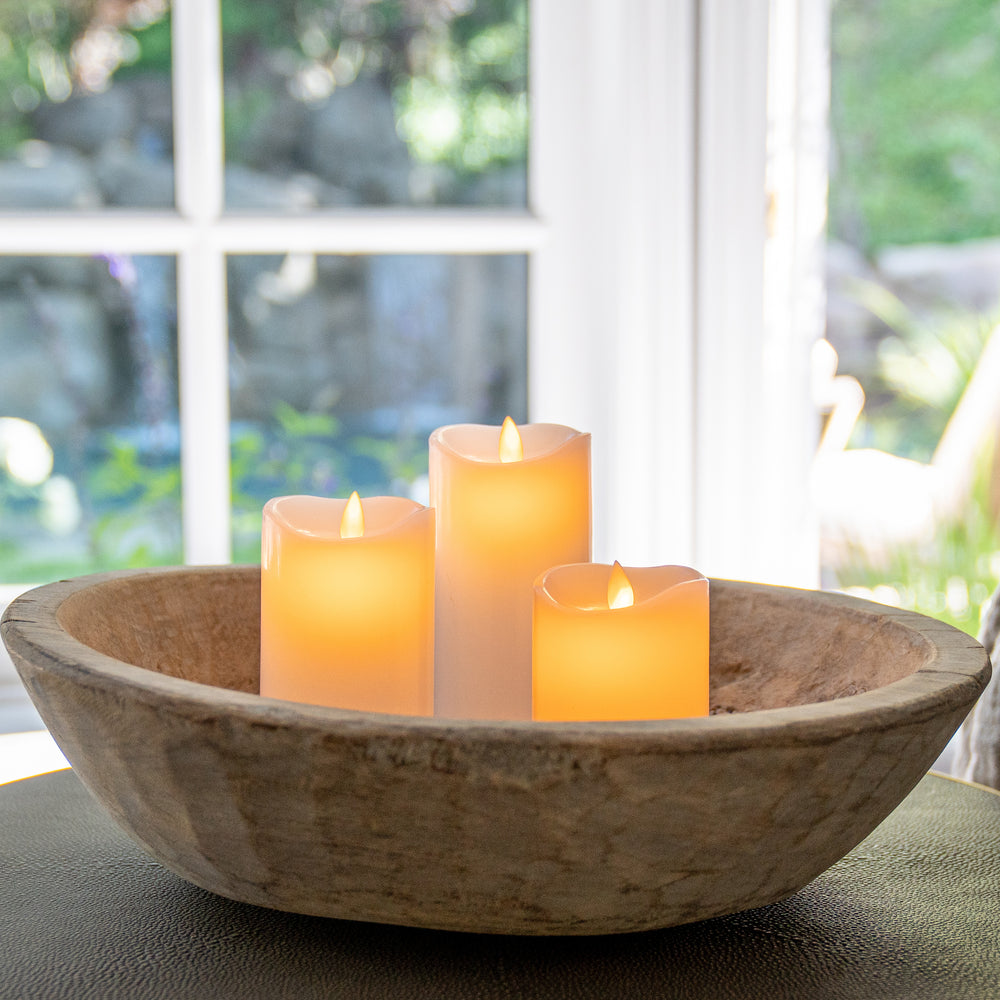 Antique Wooden Dough Bowl and Flameless Candle Set – Sandstone and