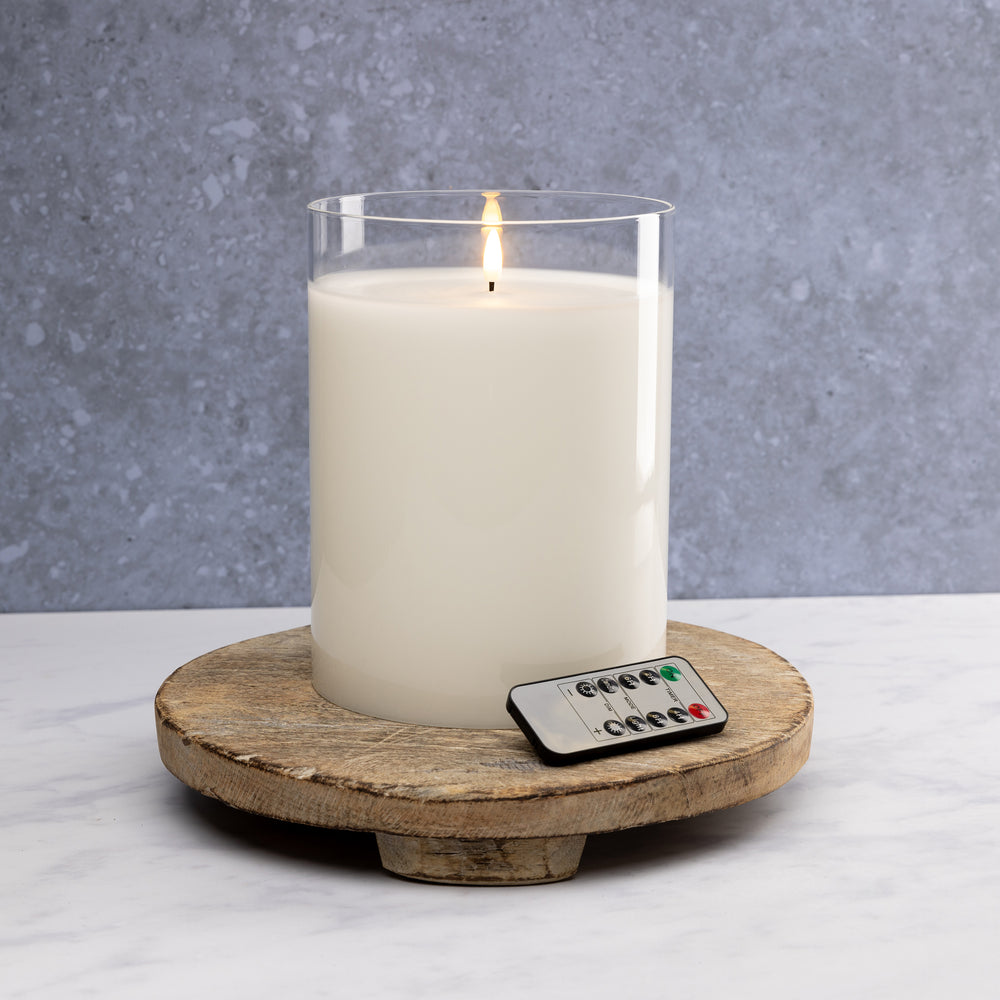 
                  
                    White LED Flameless Hurricane Glass Candle with Timer and Remote - Elegant Ambient Lighting
                  
                