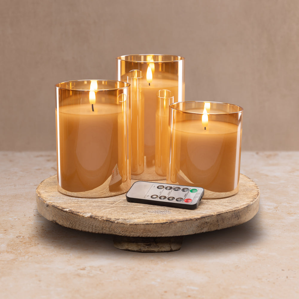 Flameless LED Hurricane Glass Candles - Amber  - Set of 3 with Remote and Timer