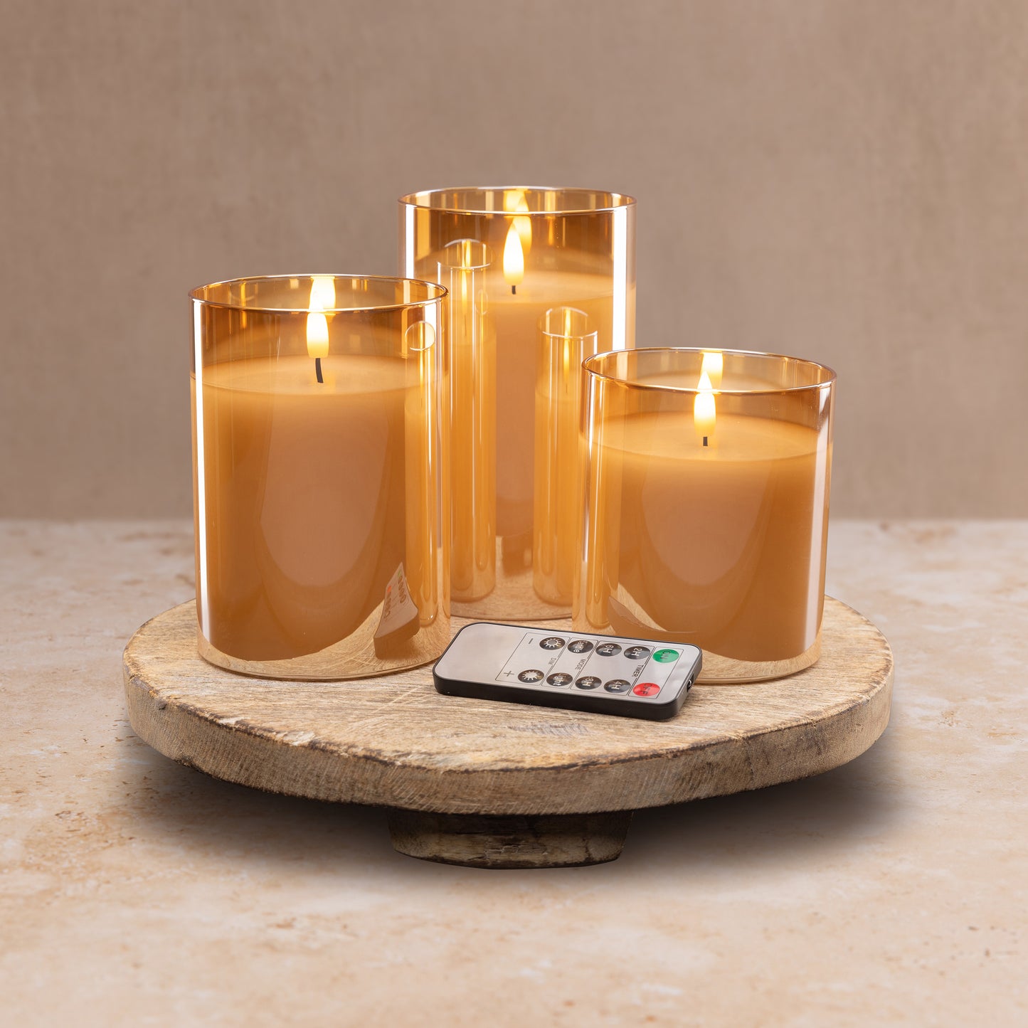 
                  
                    Flameless LED Hurricane Glass Candles - Amber  - Set of 3 with Remote and Timer
                  
                