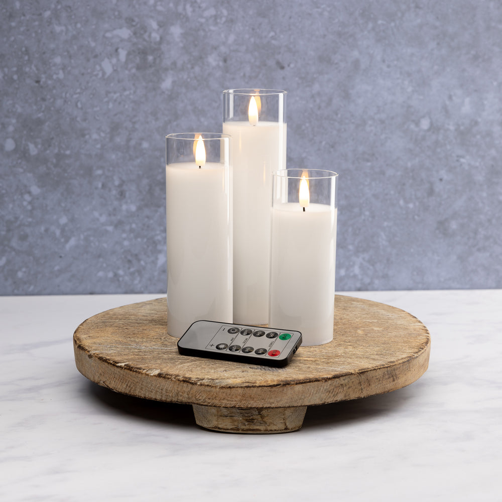 White Pillar Flameless LED Glass Candle Set of 3 - With Remote and Timer