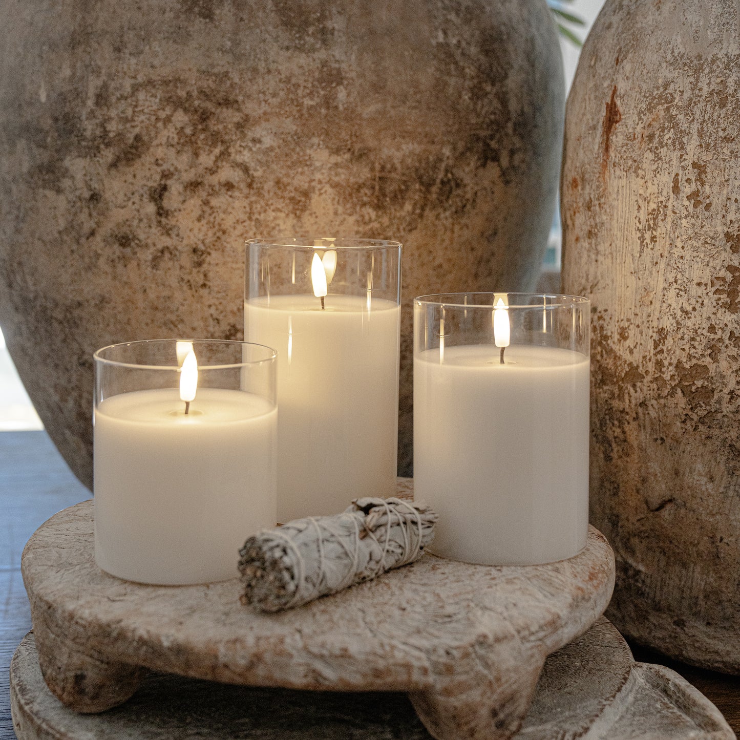 
                  
                    Flameless LED Hurricane Glass Candles - White  - Set of 3 with Remote and Timer
                  
                