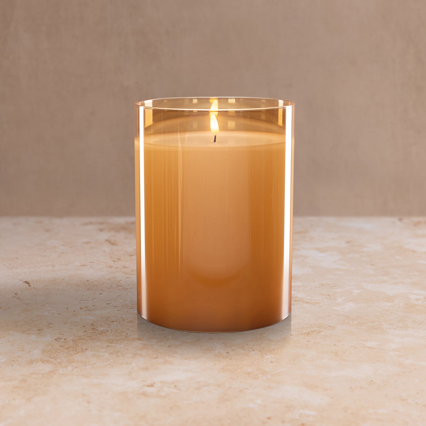 
                  
                    Amber Flameless LED Hurricane Glass Candle – Warm Glow, Battery-Operated, Safe Home Décor Lighting
                  
                