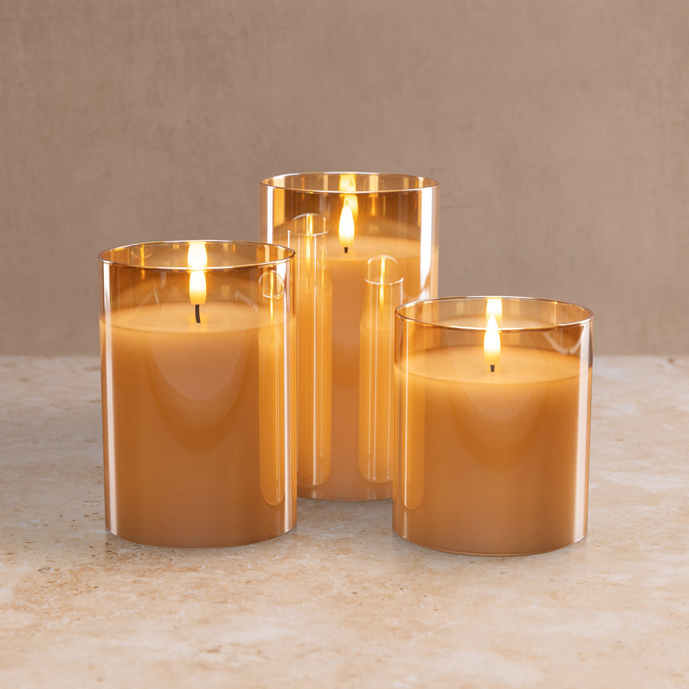 
                  
                    Flameless LED Hurricane Glass Candles - Amber  - Set of 3 with Remote and Timer
                  
                