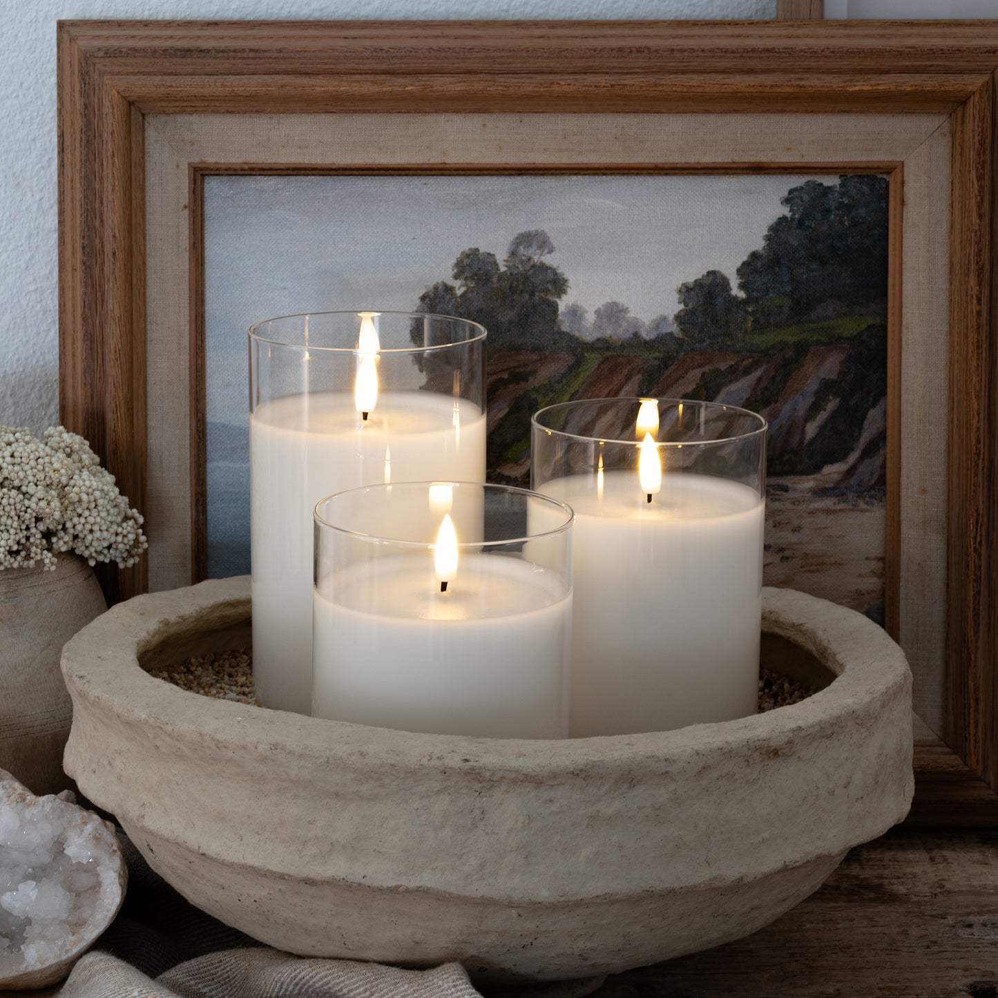 
                  
                    Flameless LED Hurricane Glass Candles - White  - Set of 3 with Remote and Timer
                  
                