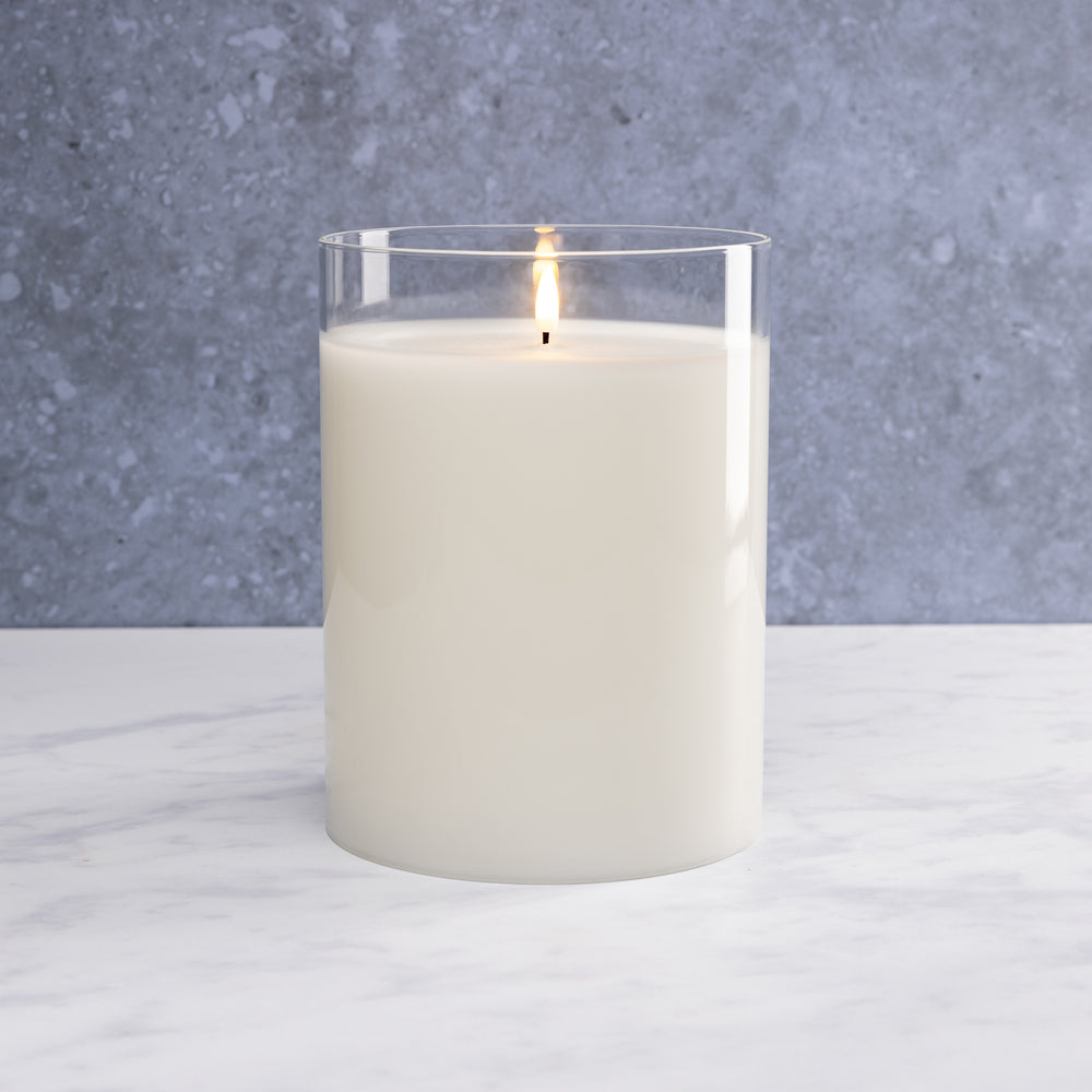 
                  
                    White LED Flameless Hurricane Glass Candle with Timer and Remote - Elegant Ambient Lighting
                  
                