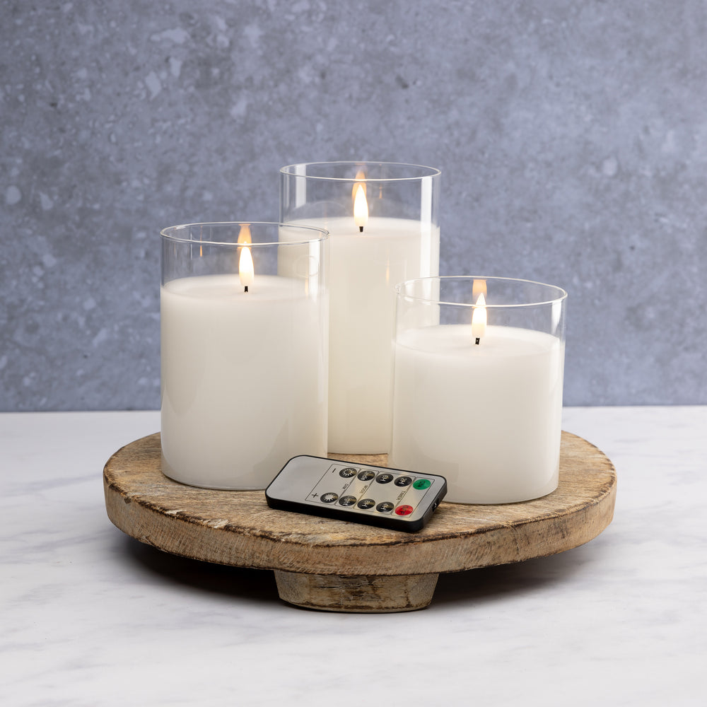 
                  
                    Flameless LED Hurricane Glass Candles - White  - Set of 3 with Remote and Timer
                  
                