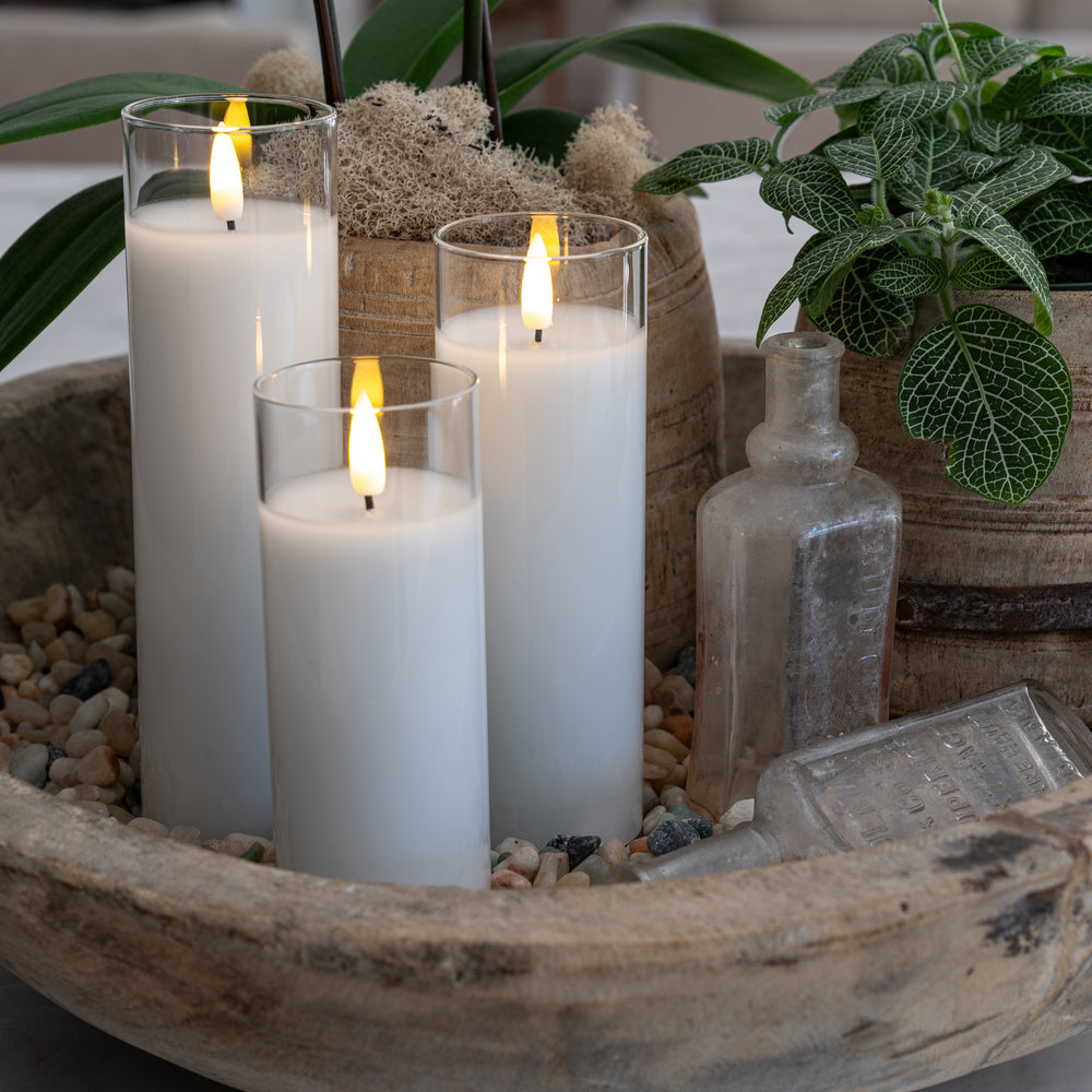 
                  
                    White Pillar Flameless LED Glass Candle Set of 3 - With Remote and Timer
                  
                